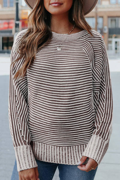 Dahlia Striped Print Ribbed Knit Boat Neck Baggy Sweater: Red Dahlia