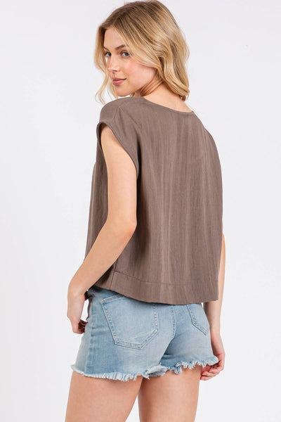 Woven Round Neck Boxy Top- Walnut Gray / S M L