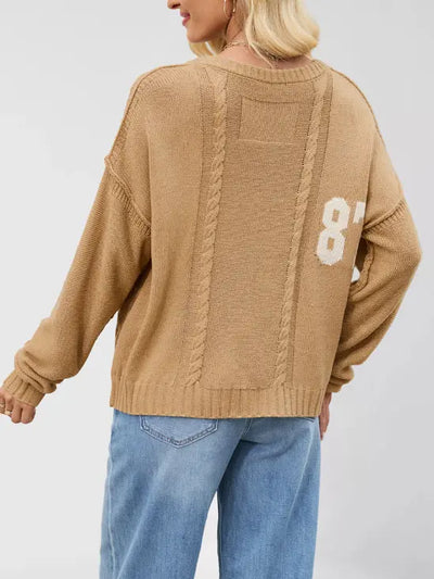 Casual Colorblock Knit Sweater with Number Print