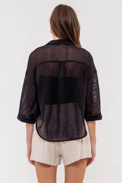 Short Sleeve Sheer Knit Button Up