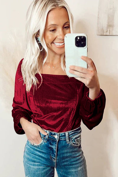 Velvet Ribbed Texture Square Neck Slim Puff Sleeve Top: Clay