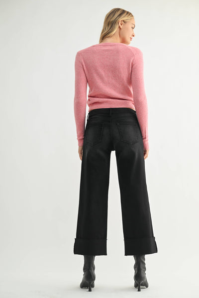 Washed Black Scissor Cut Cuffed Wide Leg