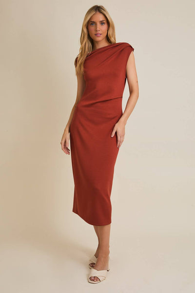 ONE SHOULDER SLEEVELESS MIDI DRESS: RUST / S,M,L