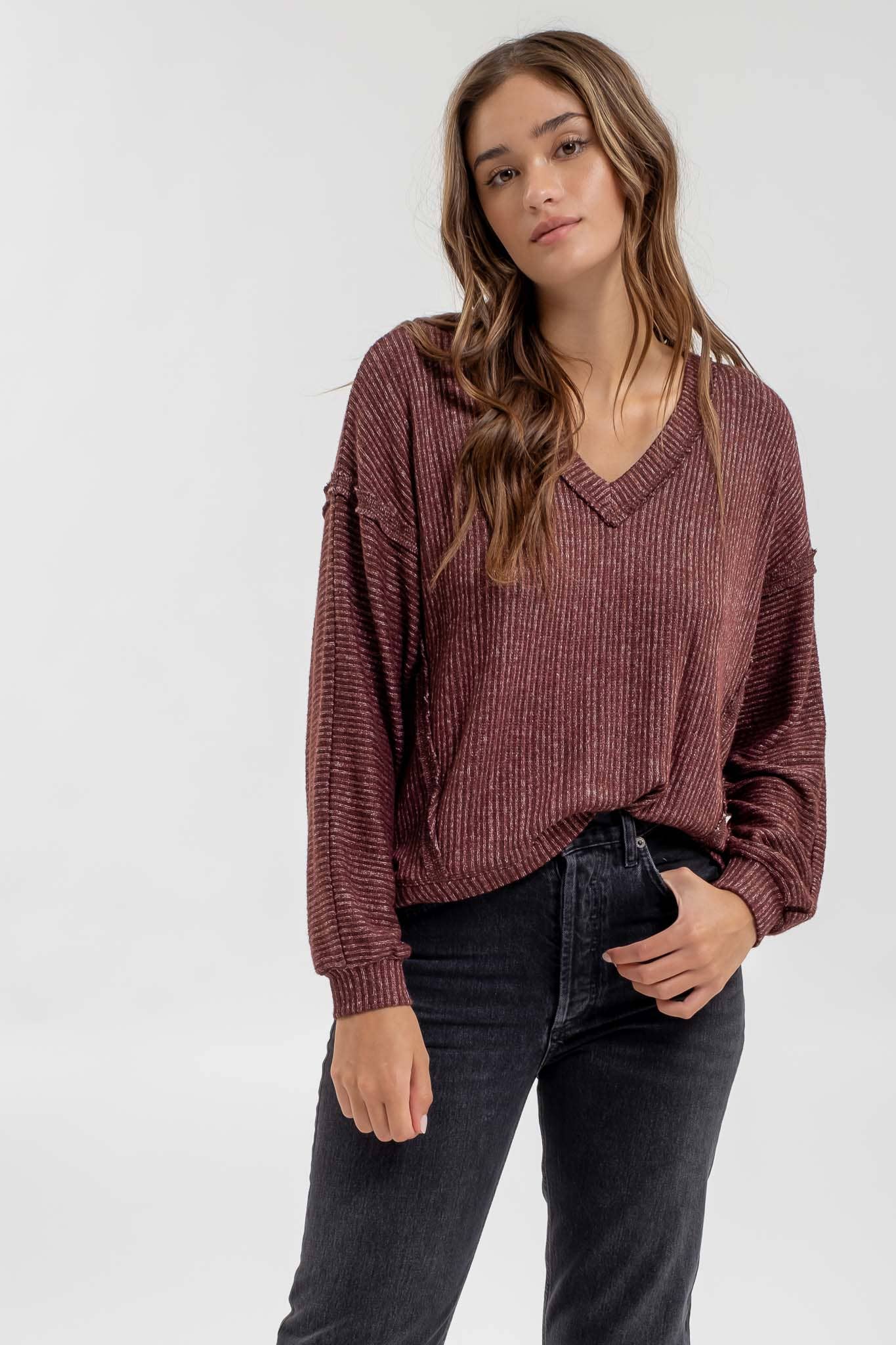 Striped Drop Shoulder V Neck Knit Top