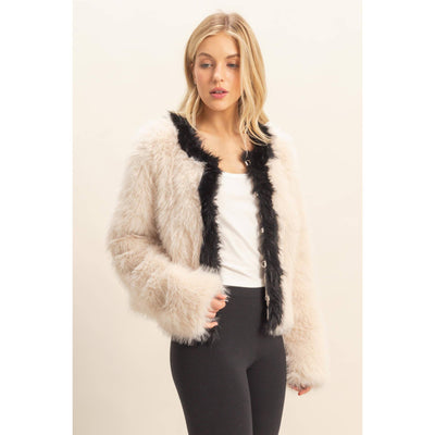 Contrasting Trimmed Faux Fur Jacket: CREAM / S-M-L
