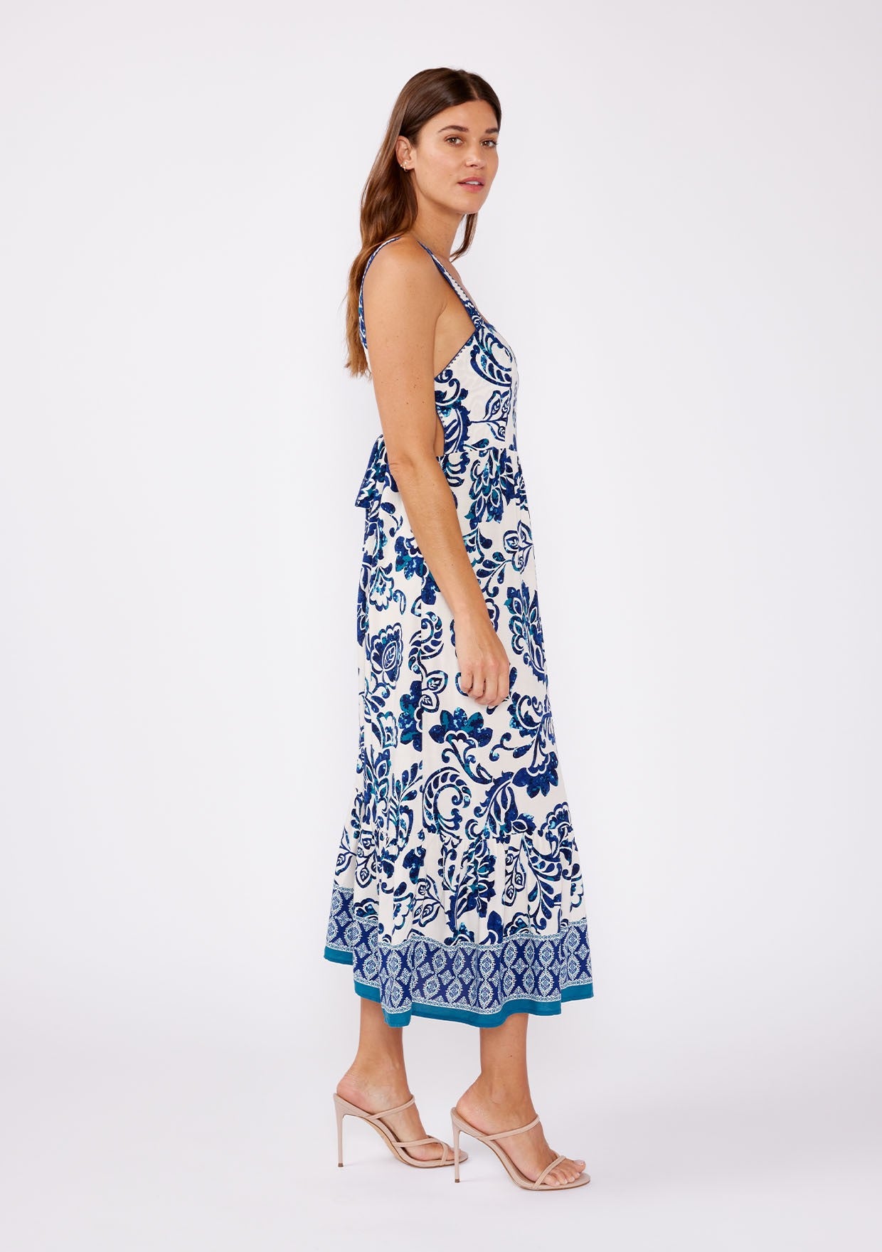 Blue Printed Tie Back Sleeveless Midi Dress