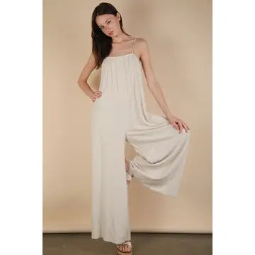 Linen Pleated Solid Woven Sleeveless Jumpsuit