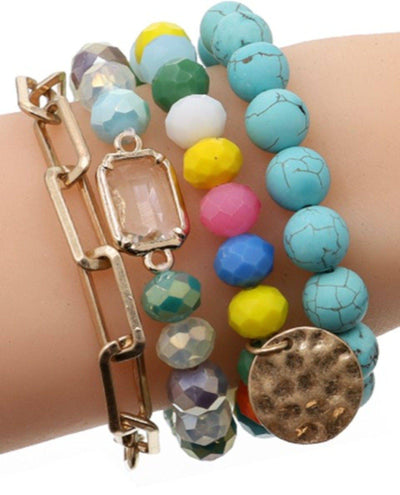 Multi Stone Crystal Beaded Bracelet Set: Black