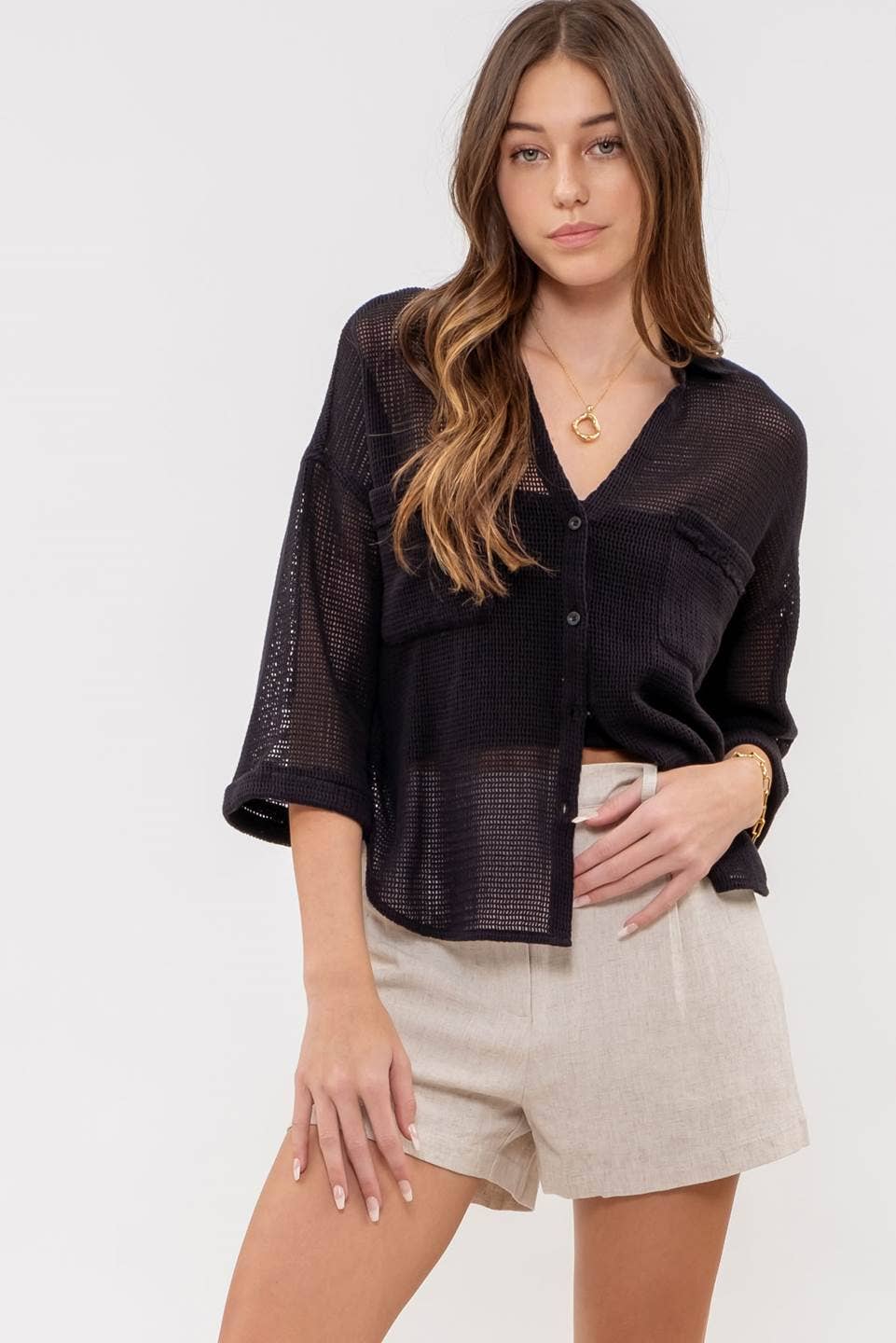 Short Sleeve Sheer Knit Button Up