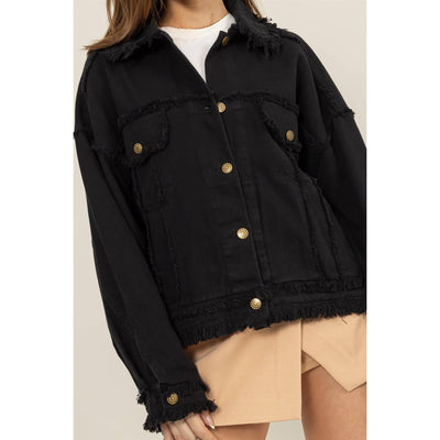 Oversized Frayed Denim Jacket: BLACK / S-M-L