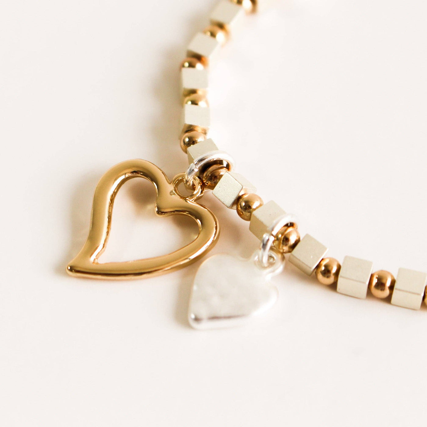 Stretch Bracelet | Double Heart Charm. Gold & Silver