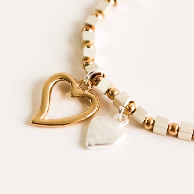 Stretch Bracelet | Double Heart Charm. Gold & Silver