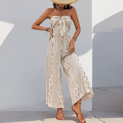 Strapless Smocked Romper Tube Top Flare Trousers Jumpsuit: Apricot