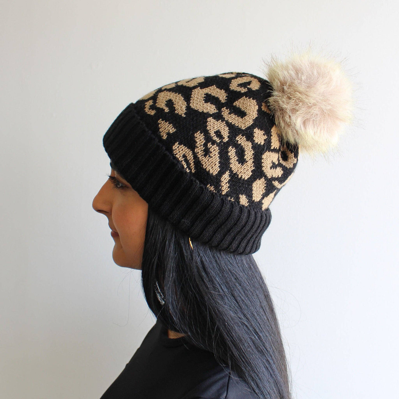 Leopard Print Winter Hat w/ Pom Pom | Black