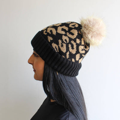 Leopard Print Winter Hat w/ Pom Pom | Black