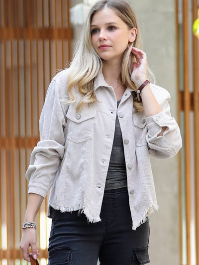 Distressed Corduroy Frayed Hem Cropped Jacket  DEEP CAMEL