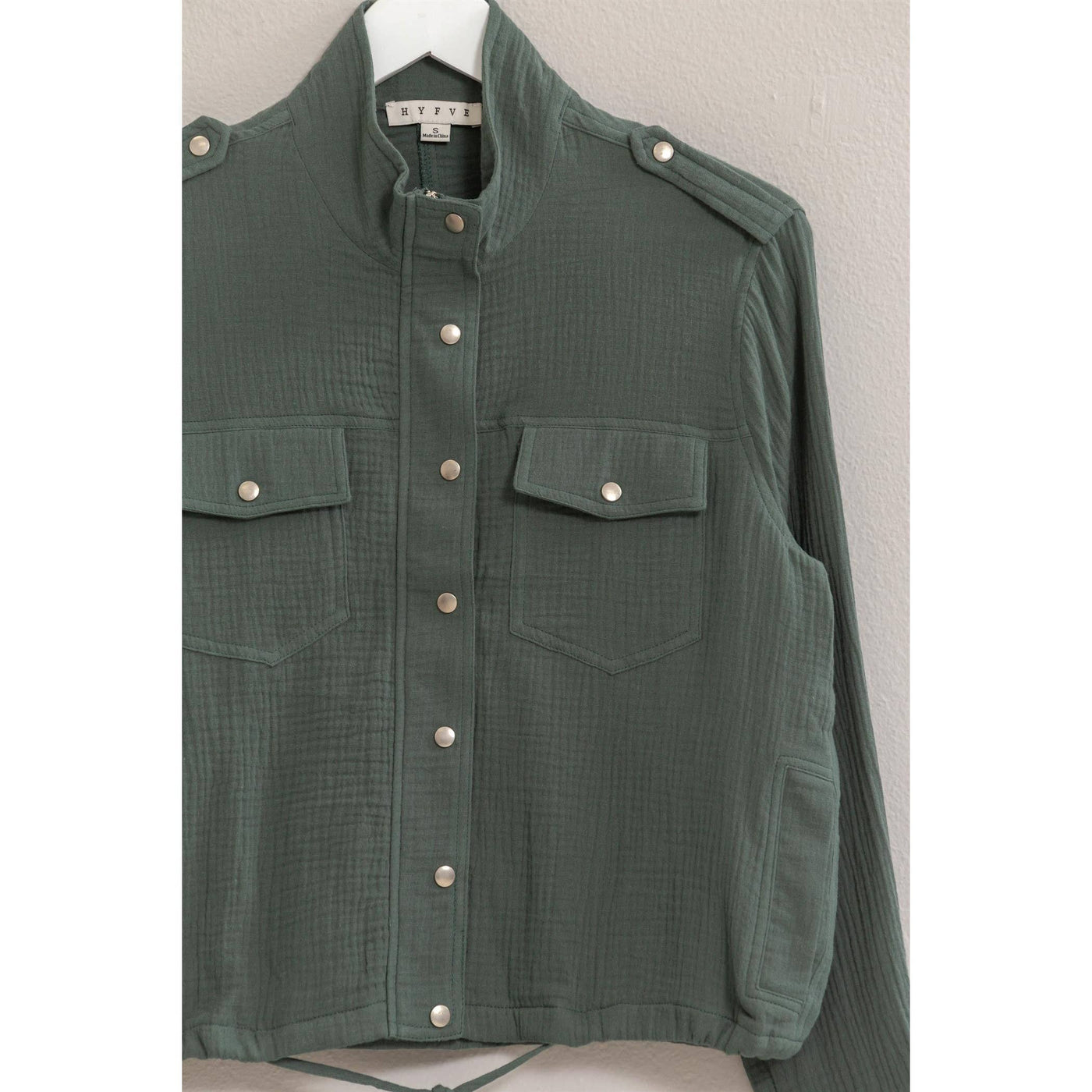 Double Gauze Jacket With Drawstring Hem: TEAL GREEN / S-M-L