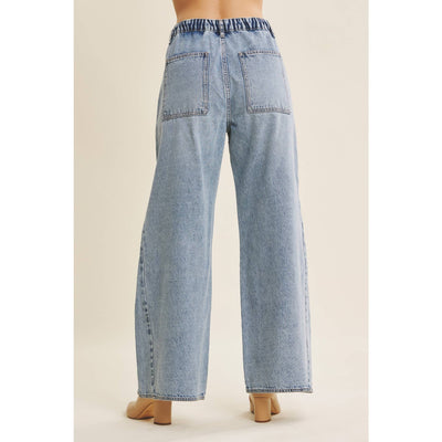 EASE AND GRACE DENIM WASHED OVERSIZED WIDE-LEG JEANS: WASHED DENIM / S,M,L