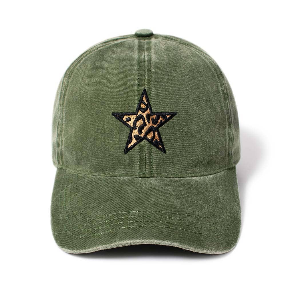 Leopard Star embroidered baseball caps: Olive