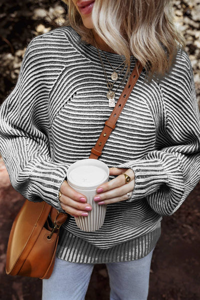 Dahlia Striped Print Ribbed Knit Boat Neck Baggy Sweater: Red Dahlia