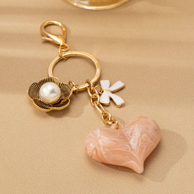 BAG CHARM KEY CHAIN-SWIRL HEART PERAL FLORAL BOW | 80K090: Gold