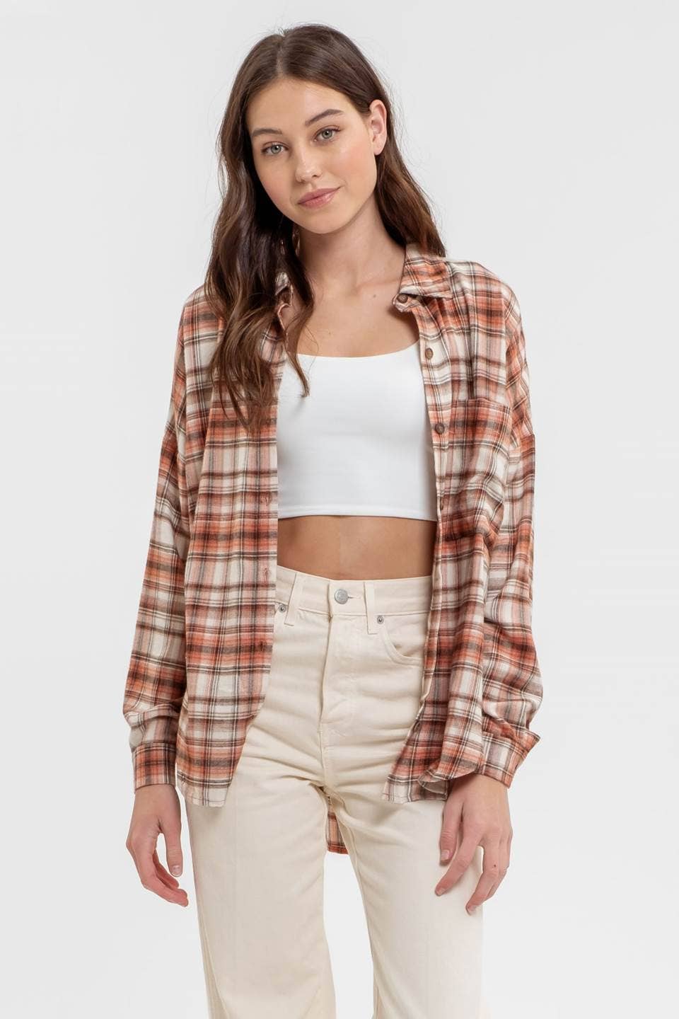 Collared Long Sleeve Button Down Plaid Shirt