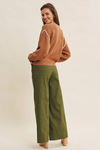 OLIVE WIDE-LEG ANKLE LENGTH PANTS