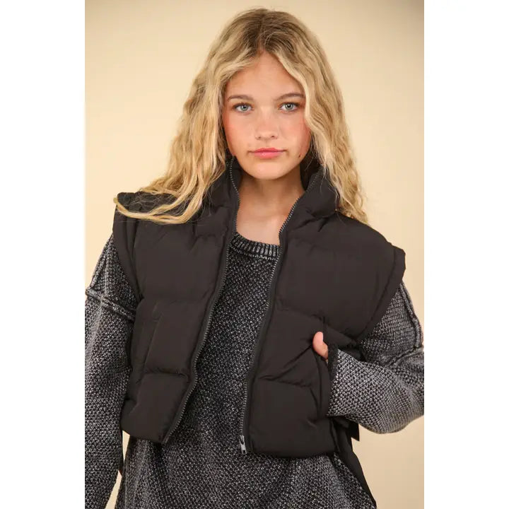 Side Bow Tie Front Zipper Crop Puffer Vest