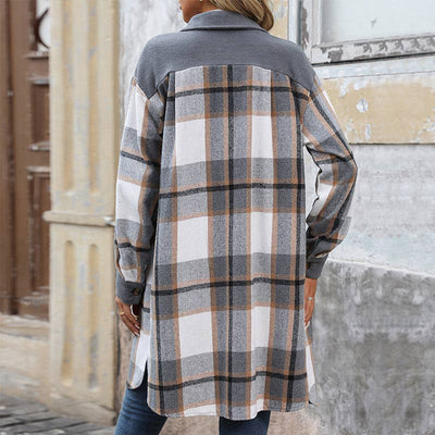 Brushed Plaid Long Coats With Pockets