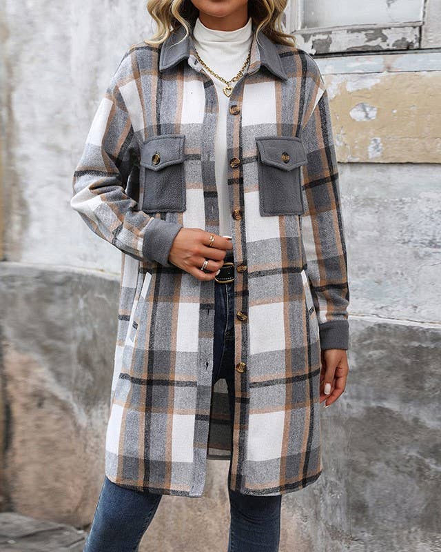 Brushed Plaid Long Coats With Pockets