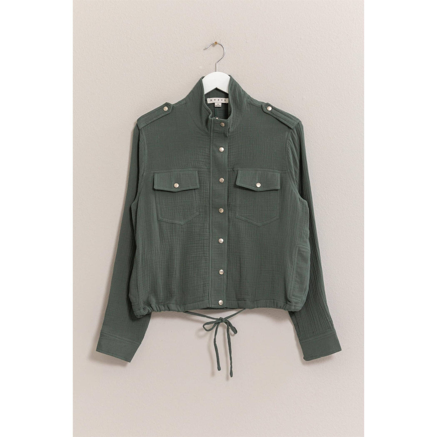 Double Gauze Jacket With Drawstring Hem: TEAL GREEN / S-M-L