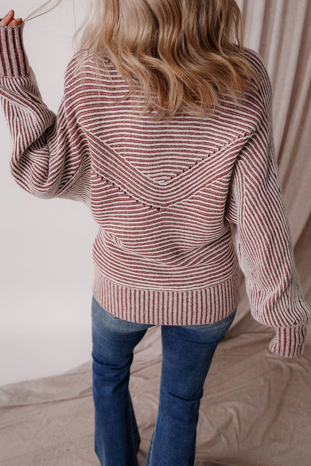 Dahlia Striped Print Ribbed Knit Boat Neck Baggy Sweater: Red Dahlia