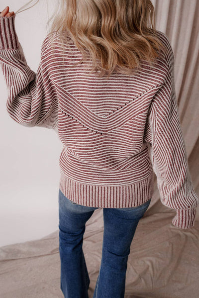 Dahlia Striped Print Ribbed Knit Boat Neck Baggy Sweater: Red Dahlia