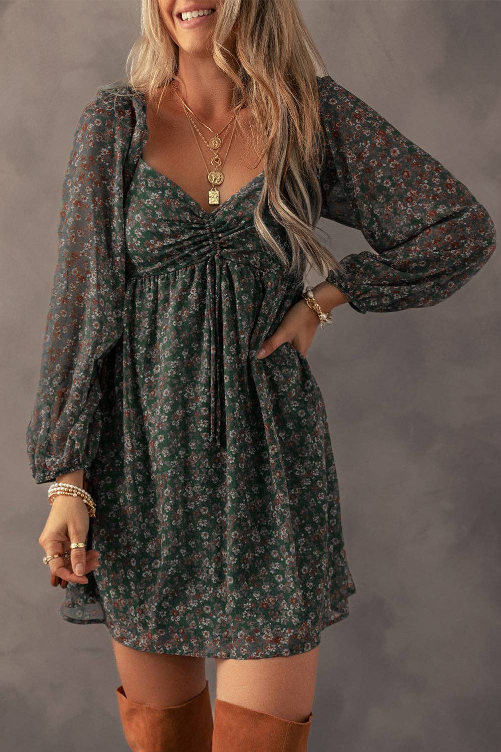 Green Floral Print Sweetheart Neck Shirred Back Mini Dress-S,M,L,XL