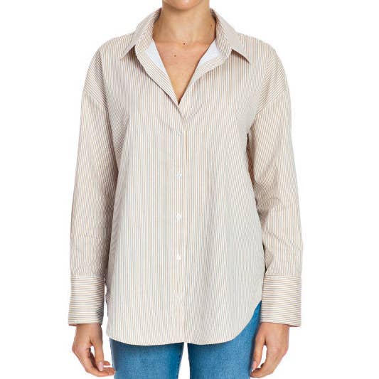 PRINTED STRIPE POPLIN BUTTON DOWN SHIRT-F75687-1: Khaki / S,M,L