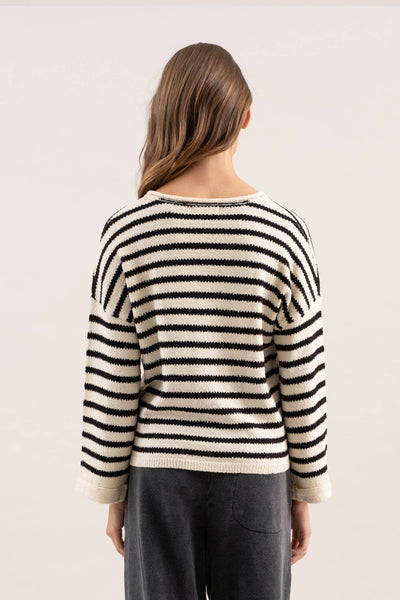 STRIPE SPLIT NECK LONG SLEEVE KNIT SWEATER