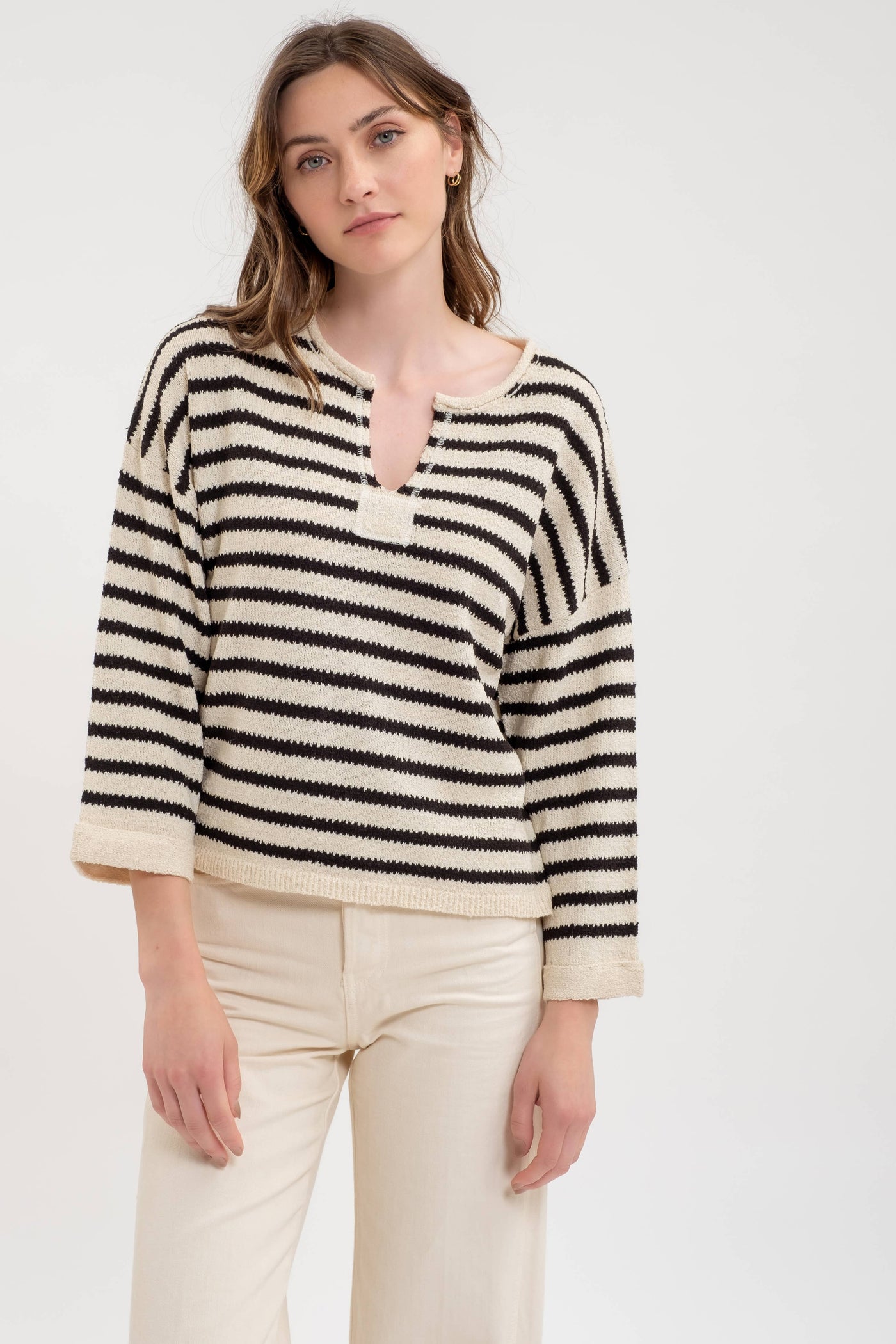 Stripe Split Neck Long Sleeve Knit Sweater