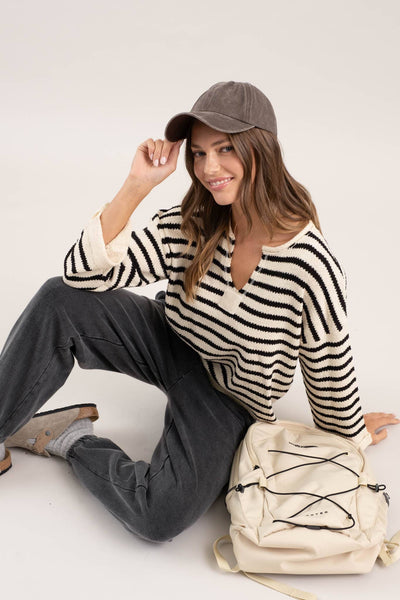 STRIPE SPLIT NECK LONG SLEEVE KNIT SWEATER