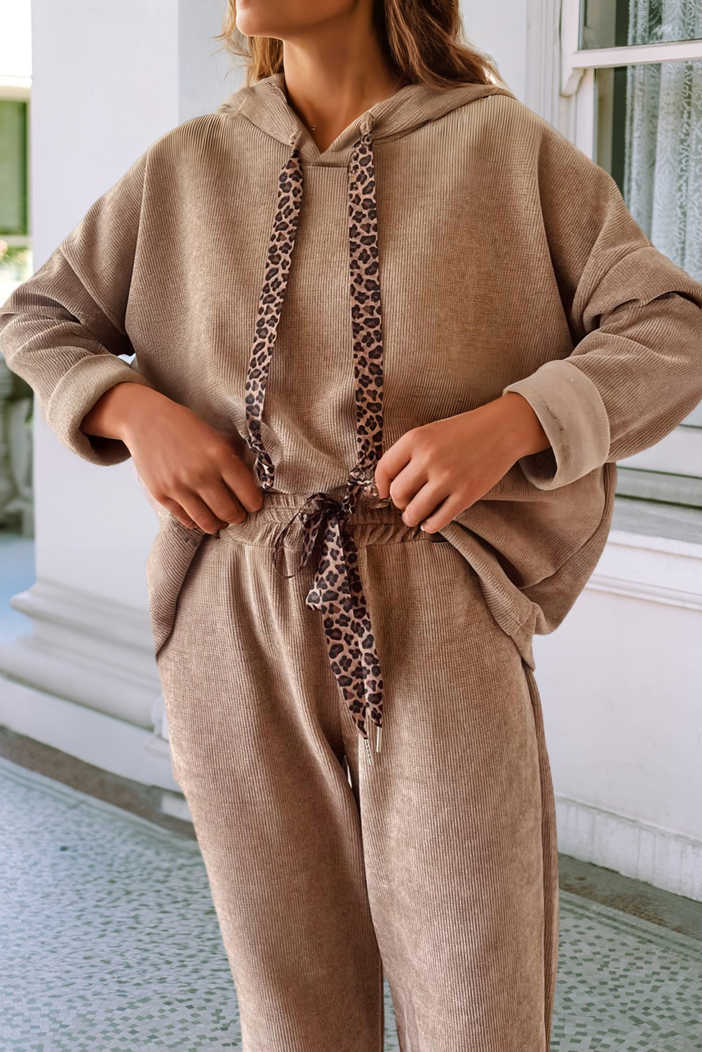 LDC Lace Drawstring Pullover Hoodie and Pants Corduroy Set: Dark Khaki