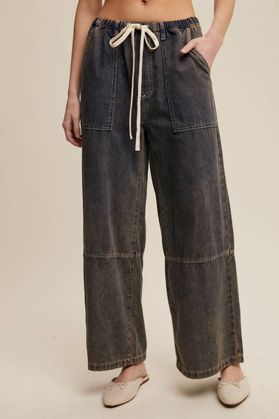 Wide-Leg Denim Drawstring Pants