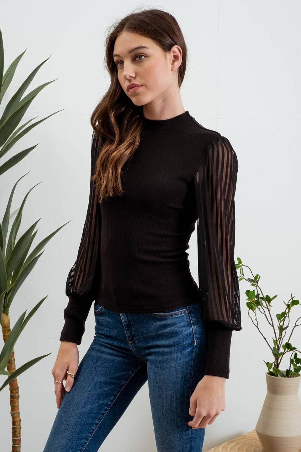 High Neck Sheer Stripe Long Sleeve Knit Top