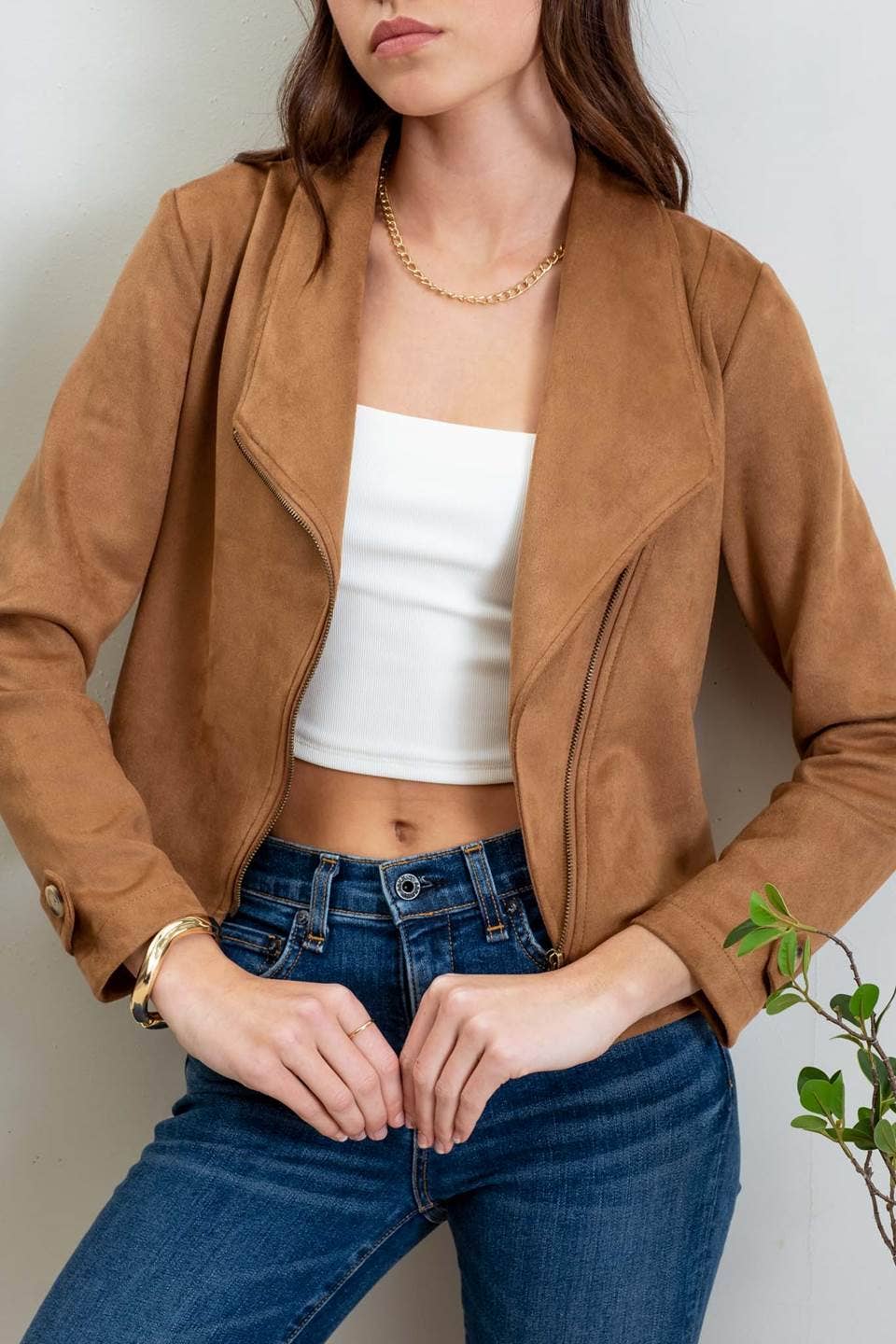 Faux Suede Zip Up Moto Jacket