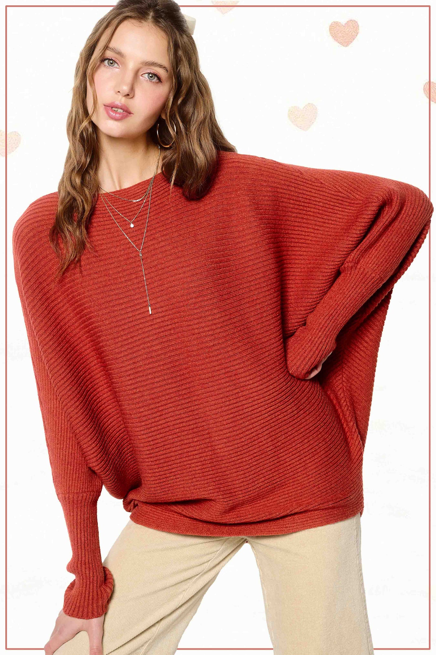 Slouchy Fit Bubble Sleeve Boat Neck Sweater: Brick