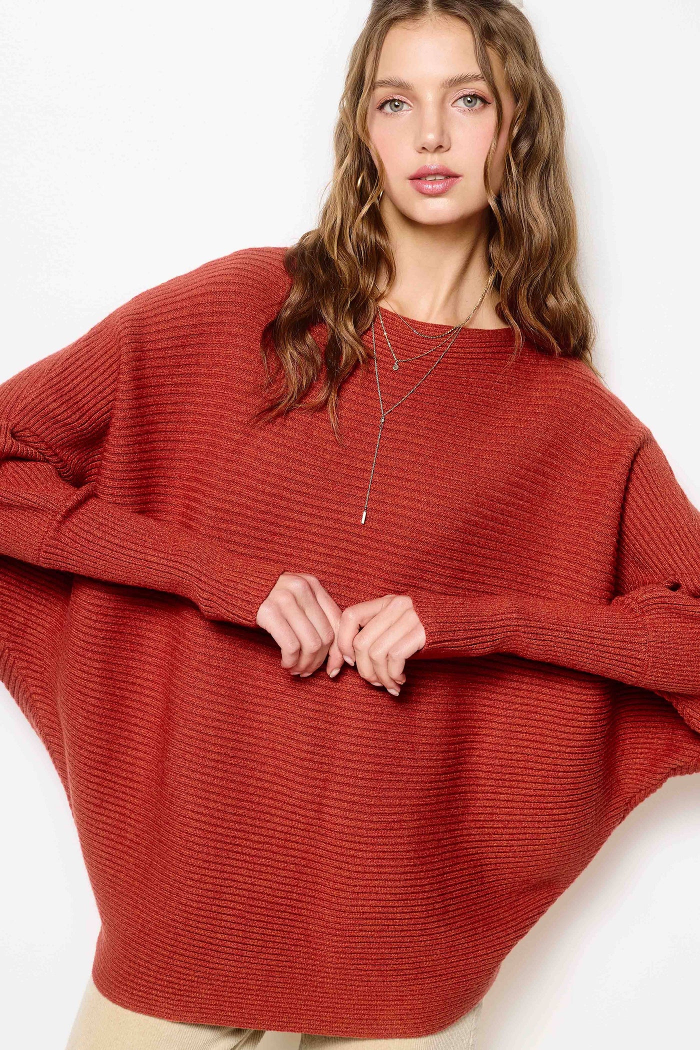 Slouchy Fit Bubble Sleeve Boat Neck Sweater: Brick