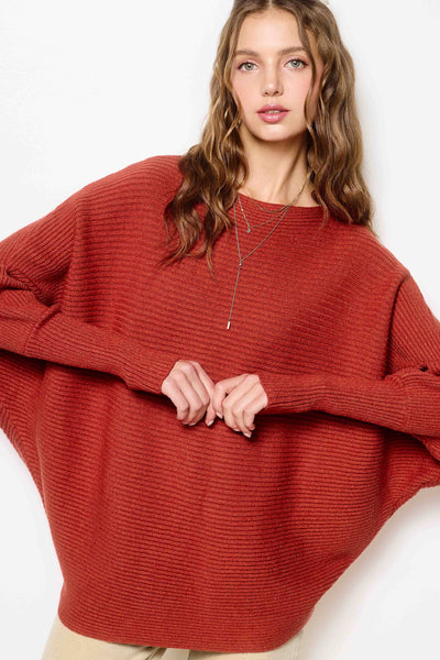 Slouchy Fit Bubble Sleeve Boat Neck Sweater: Brick