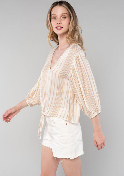 Striped 3/4 Volume Sleeve Tie Front Top