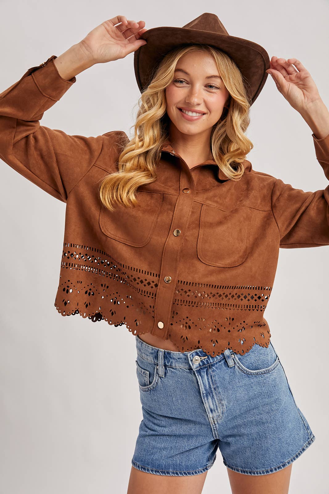 BUTTON DOWN DIE-CUT FAUX SUEDE CROPPED JACKET