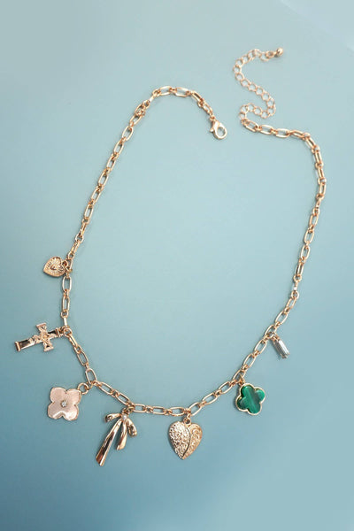 CHARM NECKLACE-GREEN CLOVER BOW CROSS HEART | 80N91991: GOLD