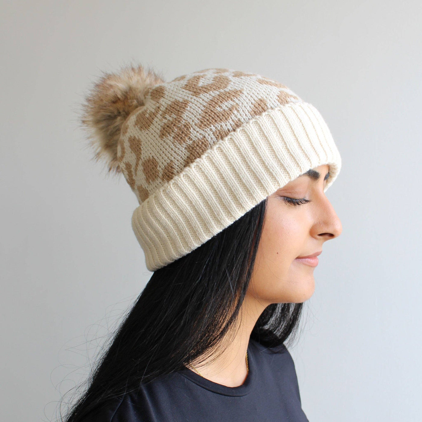 Leopard Print Winter Hat w/ Pom Pom | Cream