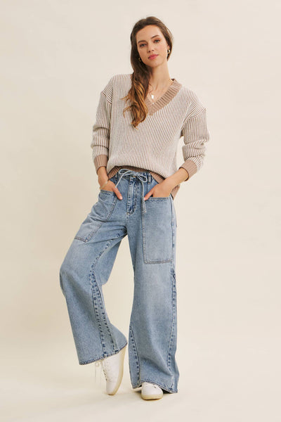 EASE AND GRACE DENIM WASHED OVERSIZED WIDE-LEG JEANS: WASHED DENIM / S,M,L